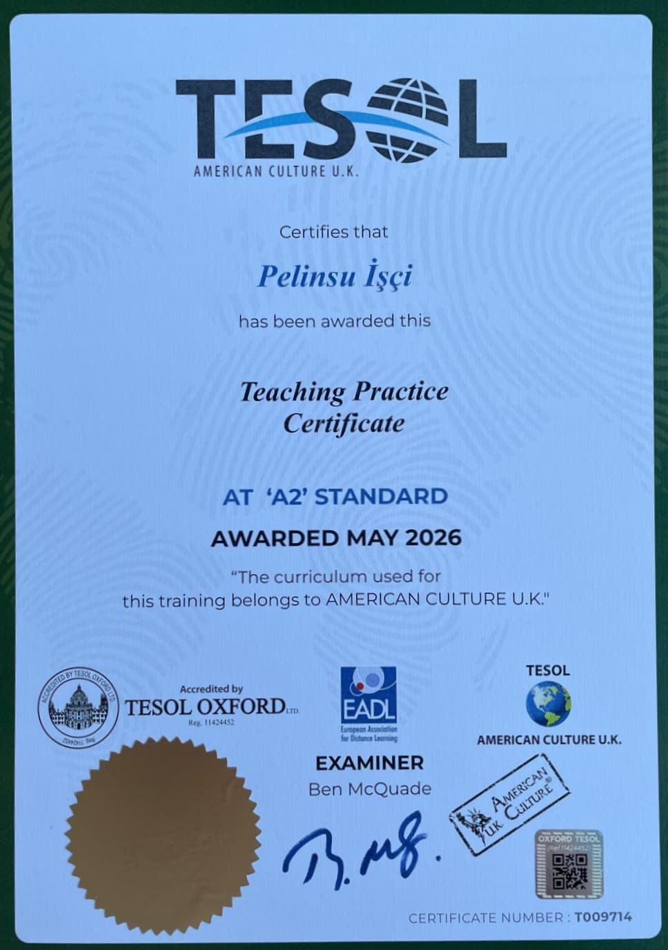 Pelin Özkan TESOL sertifikası birinci görsel